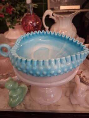 Fenton Blue and White Hobnail Glass Bowl with Handle